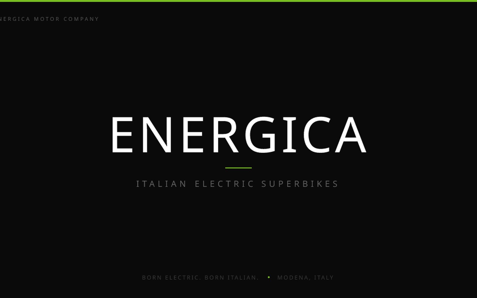 Energica motor company logo slide reading "Italian electric superbikes, born electric, born Italian"