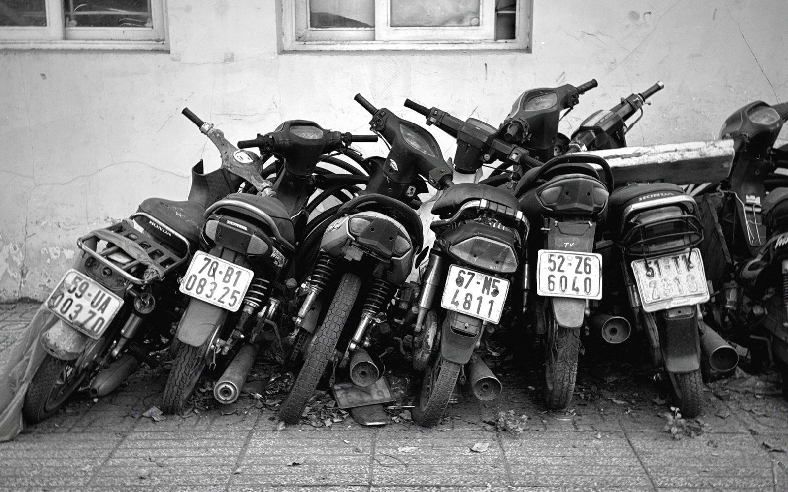 Row of parked mopeds with visible license plates leaning against a weathered wall